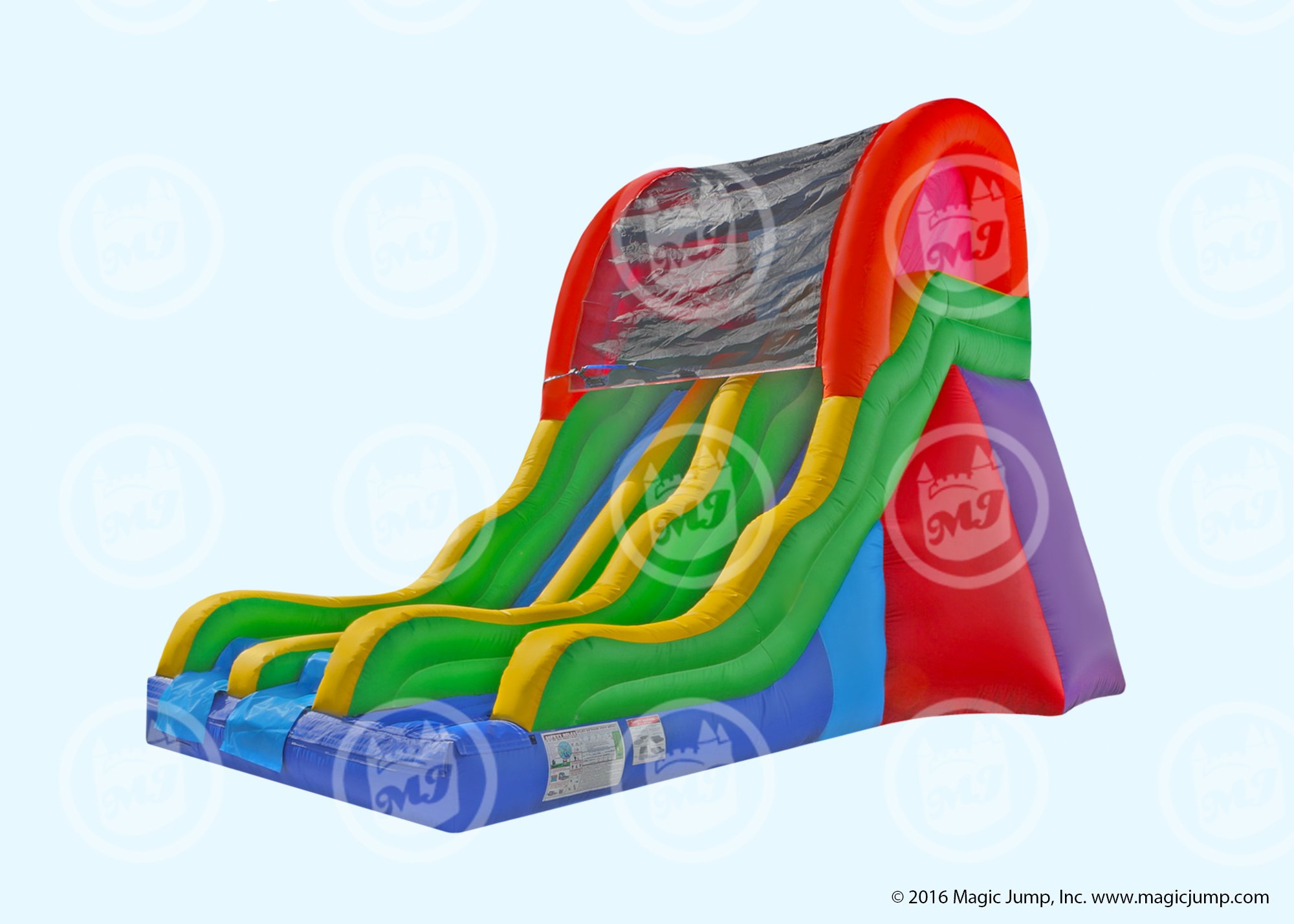 Dual lane inflatable water slide with two racing lanes set up for an event